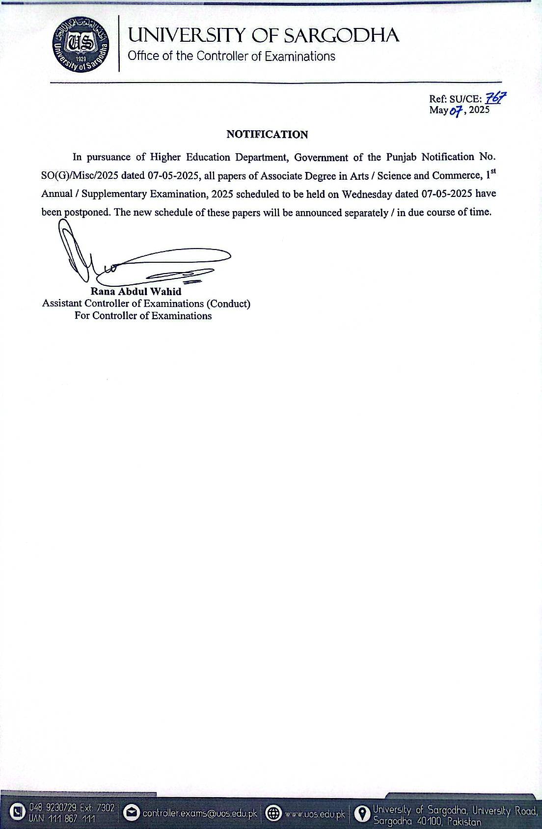 Notification Regarding Postponement of Papers of ADA/ADS/ADC, 1st Annual / Supplementary Examination, 2025 to be held on 07-05-2025